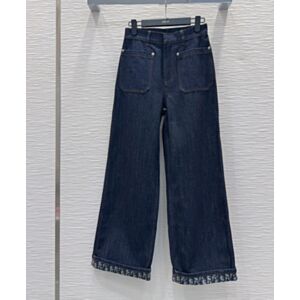 Christian Dior Women's Oblique Pattern Wide-Leg Jeans With Rolled Cuffs Dark Blue