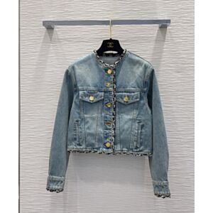 Chanel Women's Cropped Denim Jacket With Tweed Trim Blue