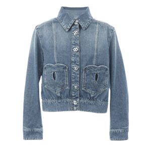 Chanel Women's Denim Jacket With Logo-Embroidered Heart Pocket Blue