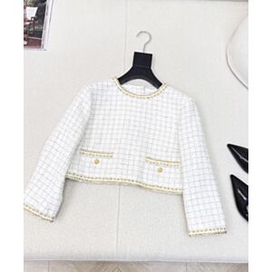 Chanel Single-Breasted Round-Neck Short Tweed Jacket With Button-Down Back White