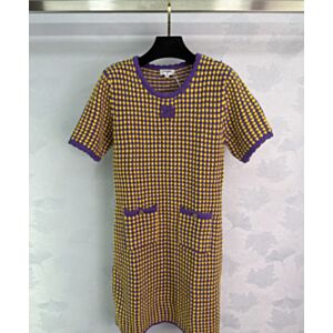 Chanel Double Pocket Lace Knit Short Sleeve Dress Yellow