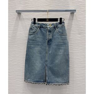 Chanel Women's Straight-Cut Denim Midi Skirt With Front Slit Blue