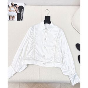 Chanel Pearl Embroidered Letters Full Print Puff Sleeve Shirt White
