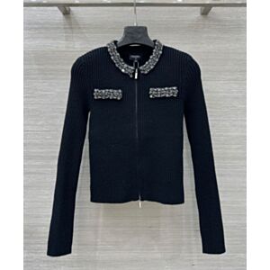 Chanel Women's Jewel Collar Pocket Ribbed Knit Jacket Black