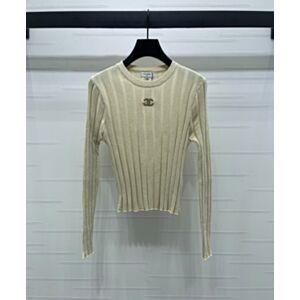 Chanel Round Neck Stripe Embroidered Sweater Cream