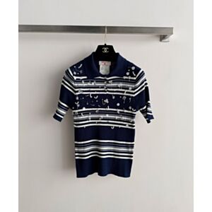 Chanel Women's Striped Knitted Polo Shirt Dark Blue