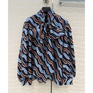 Gucci Women's Silk Shirt With A Wave Pattern And Bow Tie Blue