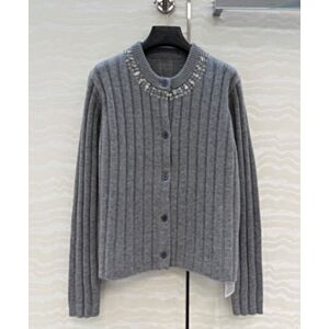 Gucci Women's Beaded Neckline Ribbed Knit Cardigan Gray