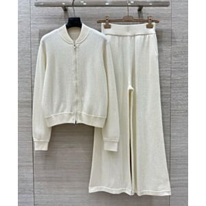 Loro Piana Zippered Cashmere Knitted Cardigan And Wide-Leg Pants Set Cream