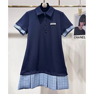 Miu Miu Women's Checkered Layered Polo Dress Dark Blue