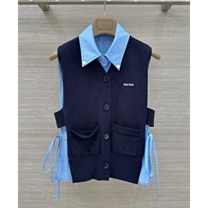 Miu Miu Women's Embroidered Knit Vest Tie-Front Shirt Matching Set Blue