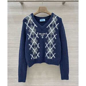 Prada Women's Argyle V-Neck Sweater Dark Blue