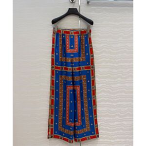 Versace Women's Silk Wide-Leg Pants With Circular Chain Pattern Blue