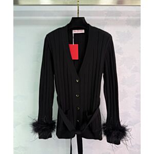 Valentino Garavani Feather Cuff Ribbed Cardigan Black