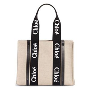 Chloe Medium Woody Logo Strap Canvas Tote Black