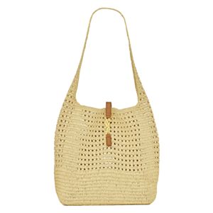 Saint Laurent Hobo Raffia Bag In Crochet And Smooth Leather Apricot