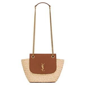 Saint Laurent Mini Manon In Raffia And Aged Vegetable-Tanned Leather Coffee