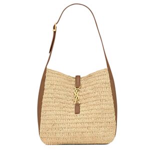 Saint Laurent Le 5 A 7 Supple Small In Raffia And Leather Coffee