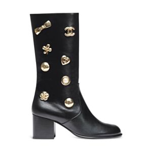 Chanel Women's Boots Icon Coco Mark Ribbon Heart Leather Black