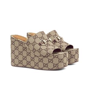 Gucci Women's Horsebit Wedge Sandals Apricot