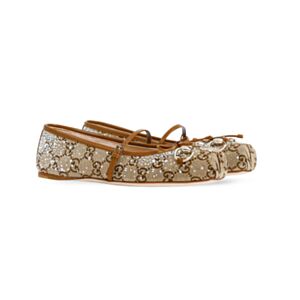 Gucci Women's GG Crystal Gucci Horsebit Ballet Flat 848330 Apricot