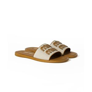 Miumiu Canvas And Leather Logo Slides Coffee