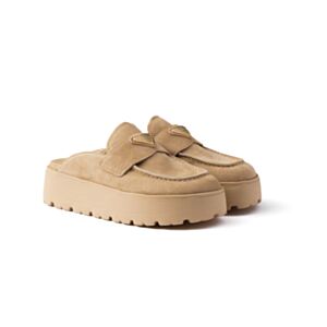 Prada Women's Suede Flatform Mules Apricot