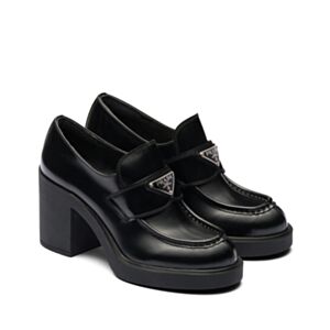 Prada Women's Chocolate High-heeled Brushed Leather Loafers Black