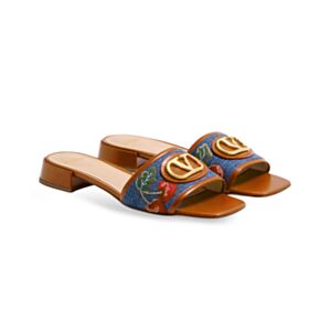 Valentino Women's Garavani Vlogo Signature Denim Slide Sandal With Cherryfic Embroidery 20MM Blue